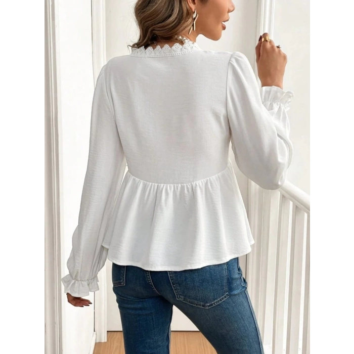 Kadın Uzun Kollu V Dantel Yaka Aerobin Bluz
