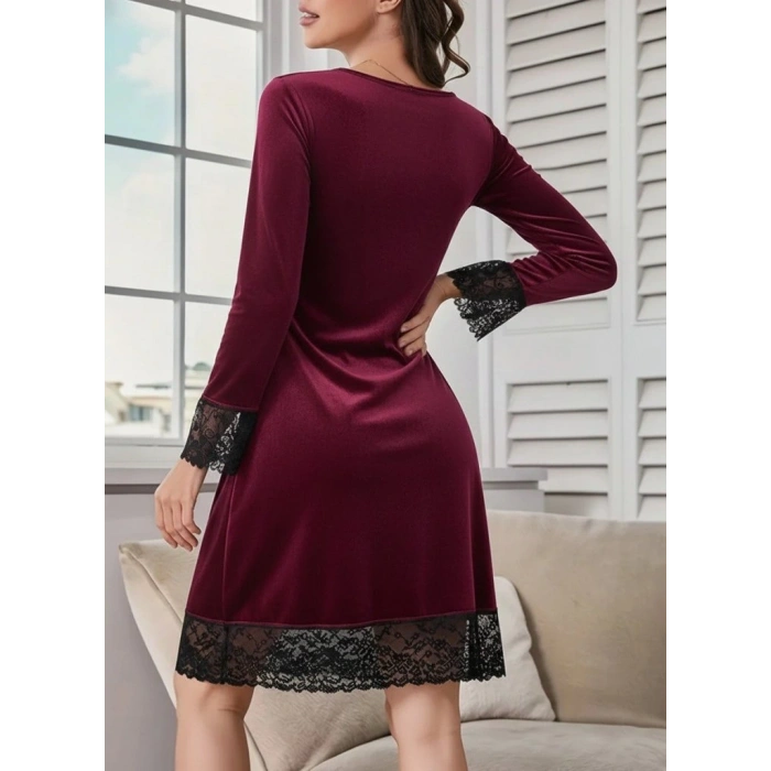 Kadın Uzun Kollu V Dantel Yakalı Mini Kadife Elbise