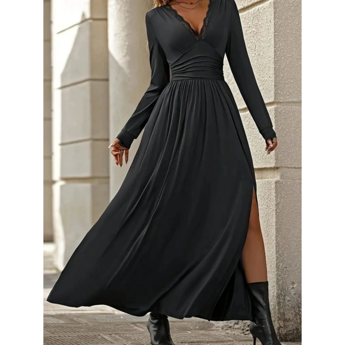 Kadın Uzun Kollu V Dantel Yakalı Yırtmaçlı Uzun Sandy Elbise