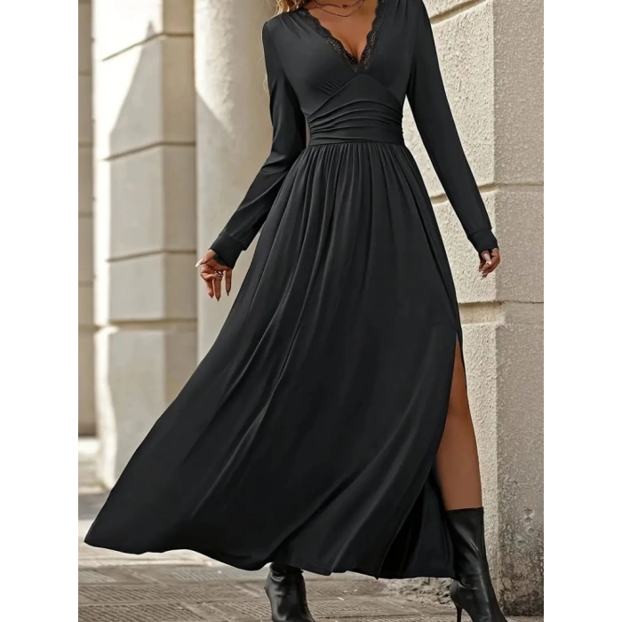 Kadın Uzun Kollu V Dantel Yakalı Yırtmaçlı Uzun Sandy Elbise