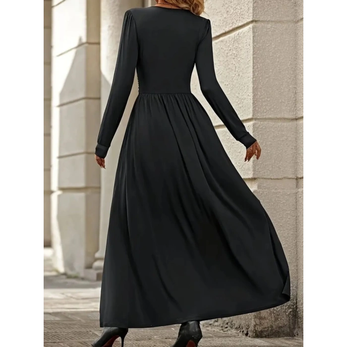 Kadın Uzun Kollu V Dantel Yakalı Yırtmaçlı Uzun Sandy Elbise