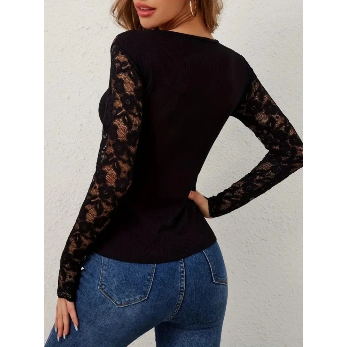 Kadın Uzun Kollu V Derin Dantel Yakalı Kaşkorse Bluz