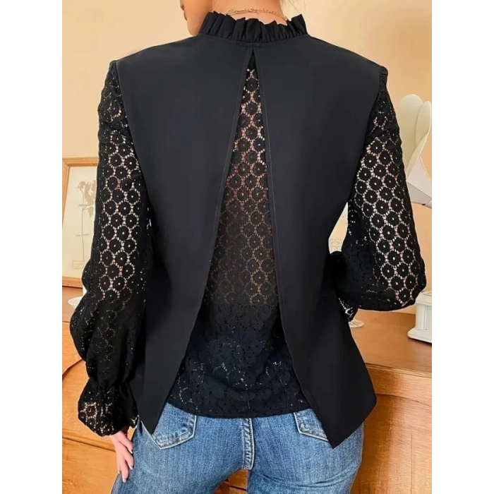 Kadın Uzun Kollu V Fırfır Yakalı Arkası çapraz Detaylı Ithal Krep Bluz