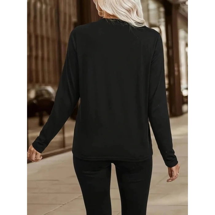 Kadın Uzun Kollu V Hakim Yaka Fermuar Detaylı Viskon Bluz