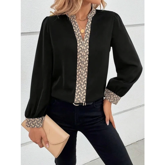 Kadın Uzun Kollu V Hakim Yakalı Desenli Ithal Krep Bluz