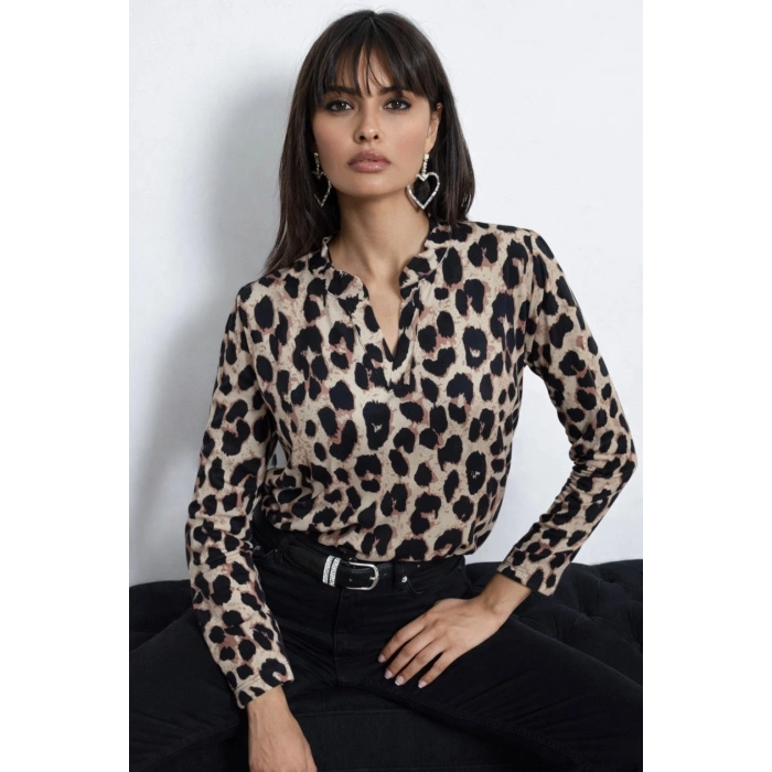 Kadın Uzun Kollu V Hakim Yakalı Leopar Desenli Süprem Bluz