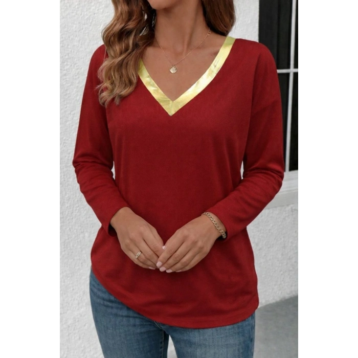 Kadın Uzun Kollu V Parlak Yaka Detaylı Viskon Bluz