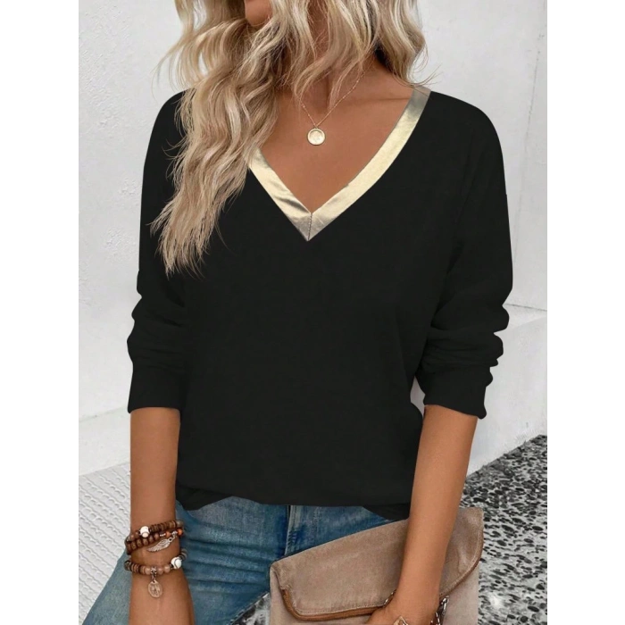 Kadın Uzun Kollu V Parlak Yaka Detaylı Viskon Bluz