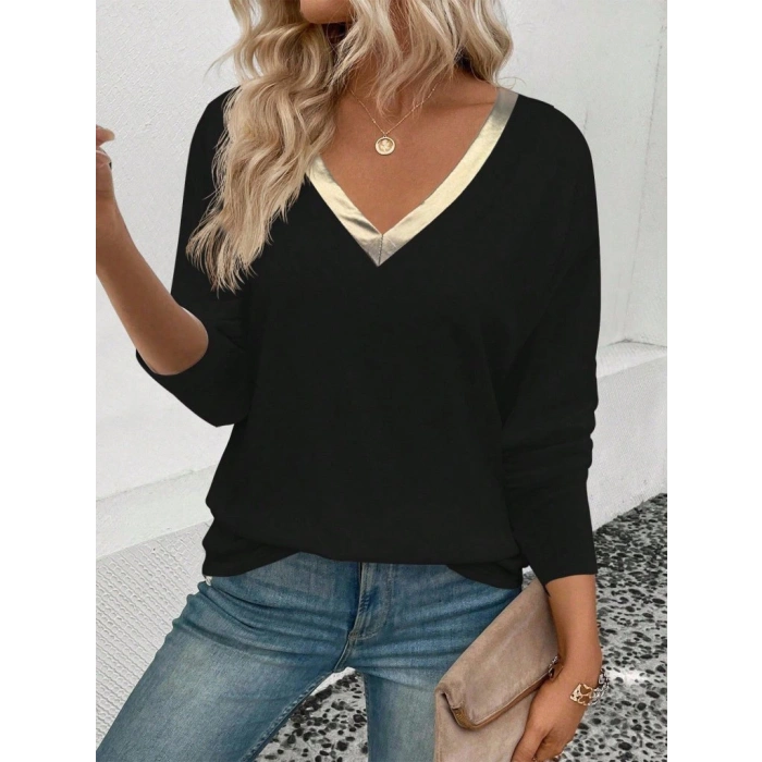 Kadın Uzun Kollu V Parlak Yaka Detaylı Viskon Bluz