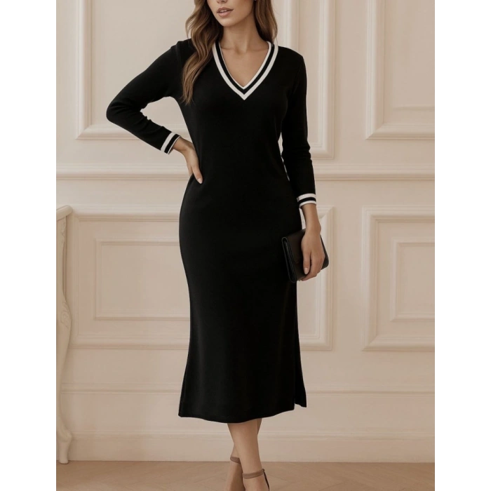Kadın Uzun Kollu V Ribana Yakalı Yanlardan Yırtmaçlı Midi Viskon Iki Iplik Elbise