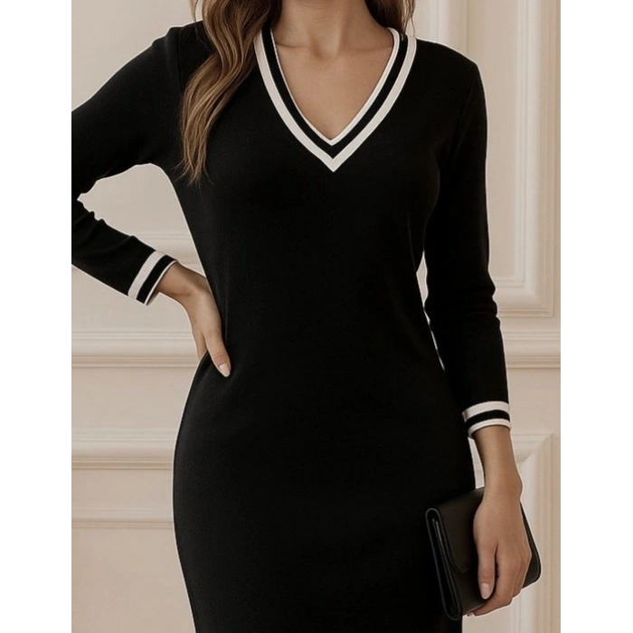Kadın Uzun Kollu V Ribana Yakalı Yanlardan Yırtmaçlı Midi Viskon Iki Iplik Elbise