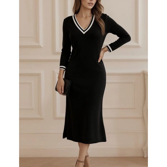 Kadın Uzun Kollu V Ribana Yakalı Yanlardan Yırtmaçlı Midi Viskon Iki Iplik Elbise