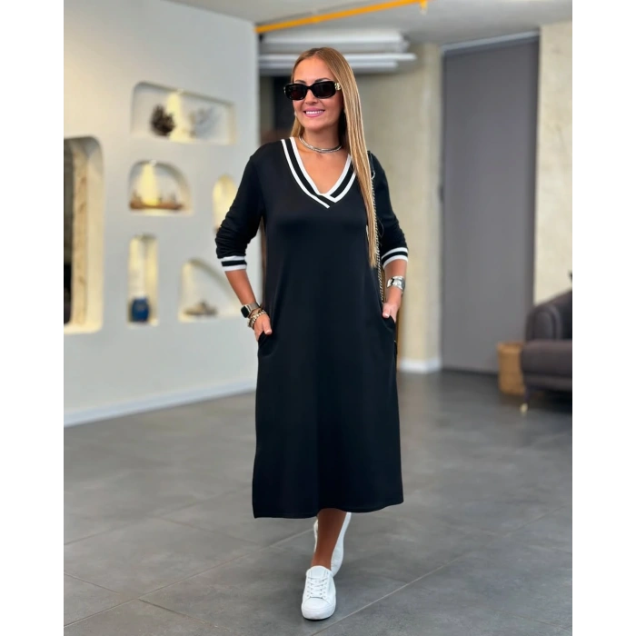 Kadın Uzun Kollu V Ribana Yakalı Yanlardan Yırtmaçlı Midi Viskon Iki Iplik Elbise