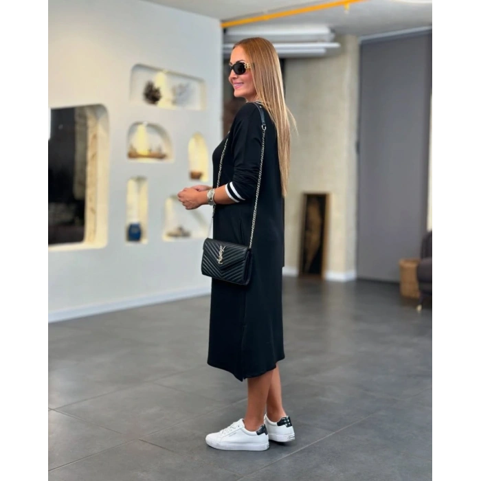 Kadın Uzun Kollu V Ribana Yakalı Yanlardan Yırtmaçlı Midi Viskon Iki Iplik Elbise