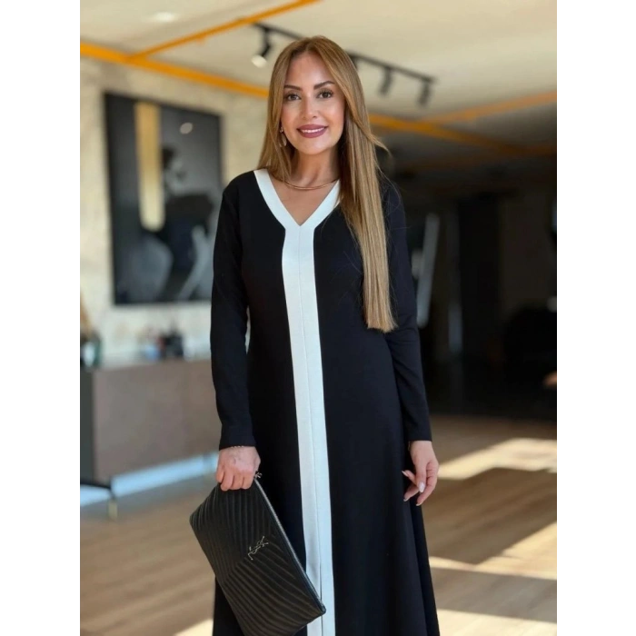 Kadın Uzun Kollu V şerit Yakalı önden Kısa Yırtmaçlı Detaylı Midi Viskon Iki Iplik Elbise