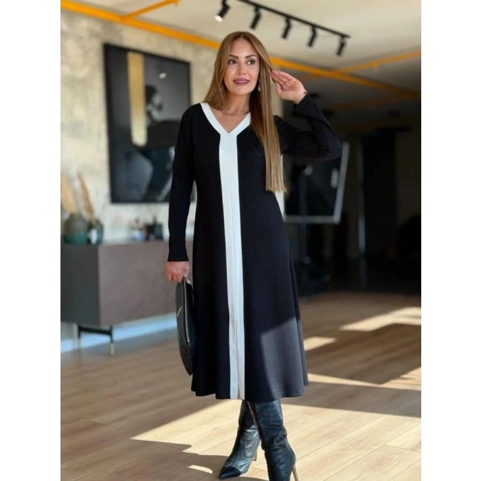 Kadın Uzun Kollu V şerit Yakalı önden Kısa Yırtmaçlı Detaylı Midi Viskon Iki Iplik Elbise