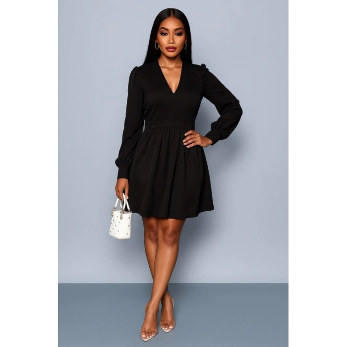 Kadın Uzun Kollu V Yaka Belden Hafif Pileli Scuba Krep Mini Boy Elbise