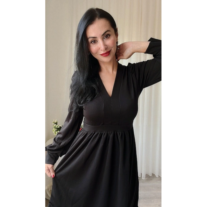 Kadın Uzun Kollu V Yaka Belden Hafif Pileli Scuba Krep Mini Boy Elbise