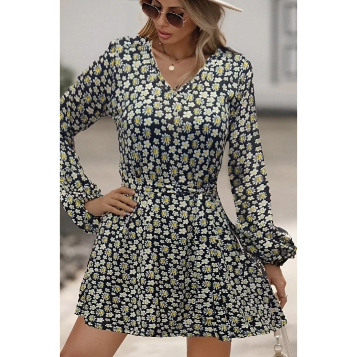 Kadın Uzun Kollu V Yaka çiçek Desenli Helen Kumaş Elbise