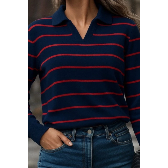 Kadın Uzun Kollu V Yaka çizgili Triko Bluz