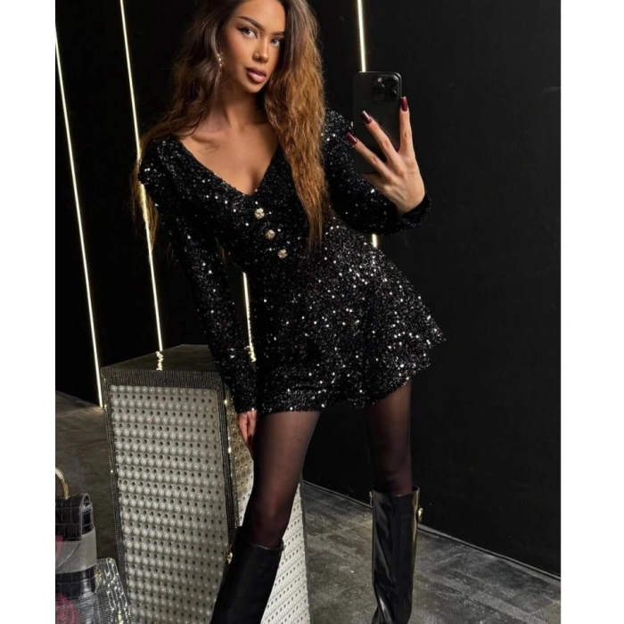 Kadın Uzun Kollu V Yaka Düğme Detay Ful Pul Payet Elbise