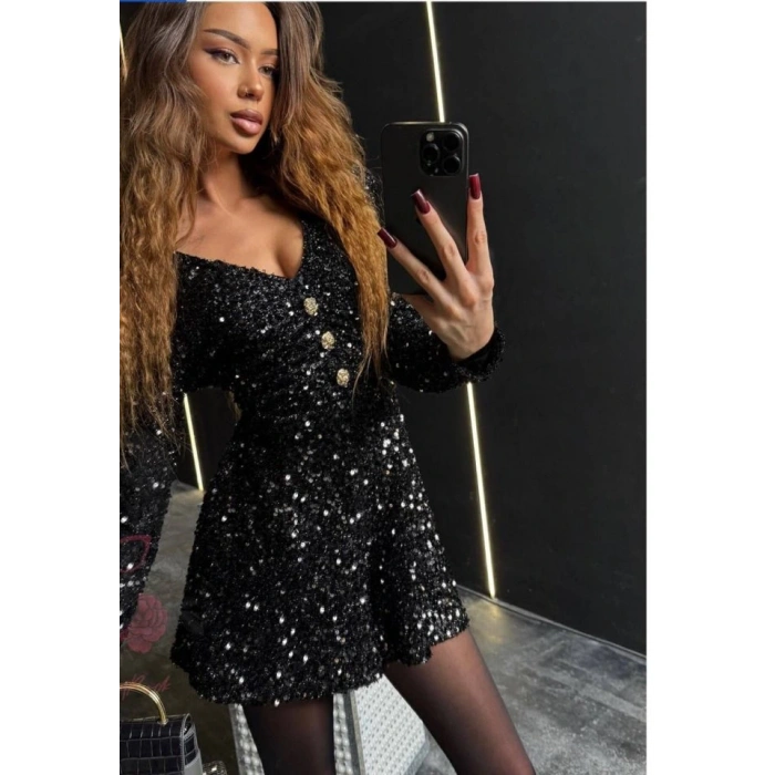 Kadın Uzun Kollu V Yaka Düğme Detay Ful Pul Payet Elbise