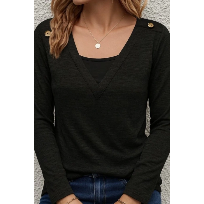 Kadın Uzun Kollu V Yaka Düğme Detaylı Yumoş Bluz