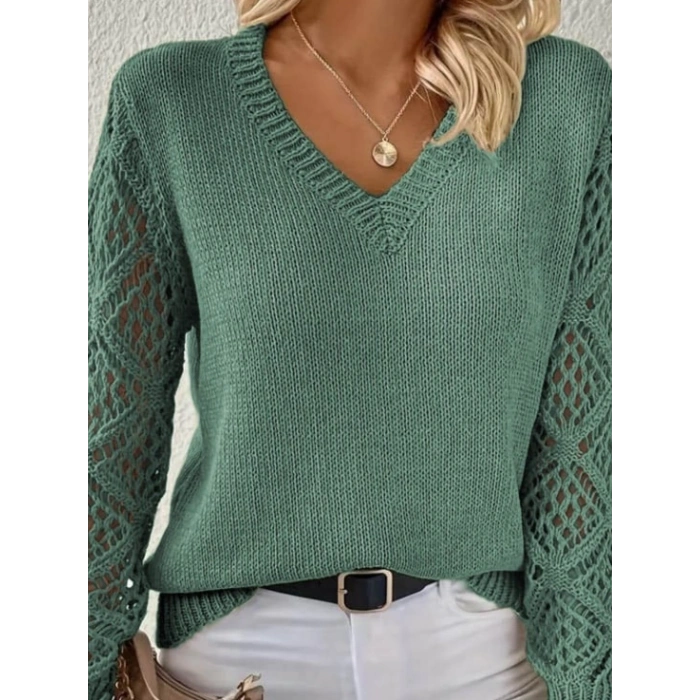 Kadın Uzun Kollu V Yaka Kol Delikli Baklava Desen Detaylı Triko Kazak