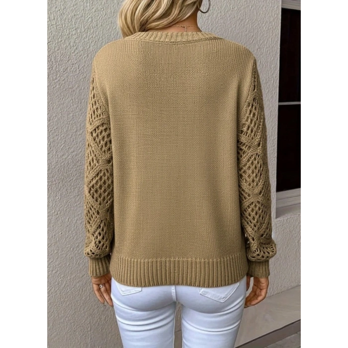 Kadın Uzun Kollu V Yaka Kol Delikli Baklava Desen Detaylı Triko Kazak