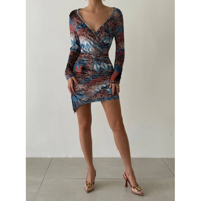 Kadın Uzun Kollu V Yaka Leopar Etnik Desen Fırsat ürün Mini Kruvaze Elbise