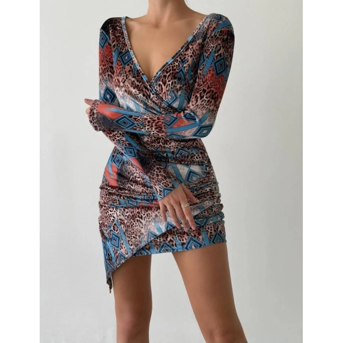Kadın Uzun Kollu V Yaka Leopar Etnik Desen Fırsat ürün Mini Kruvaze Elbise