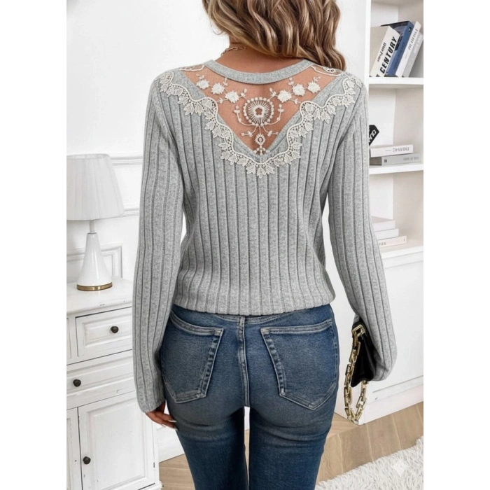 Kadın Uzun Kollu V Yakalı Arkadan Dantel Detaylı şardonlu Kaşkorse Bluz
