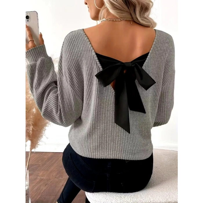 Kadın Uzun Kollu V Yakalı Arkadan Kurdela Detaylı şardonlu Kaşkorse Bluz