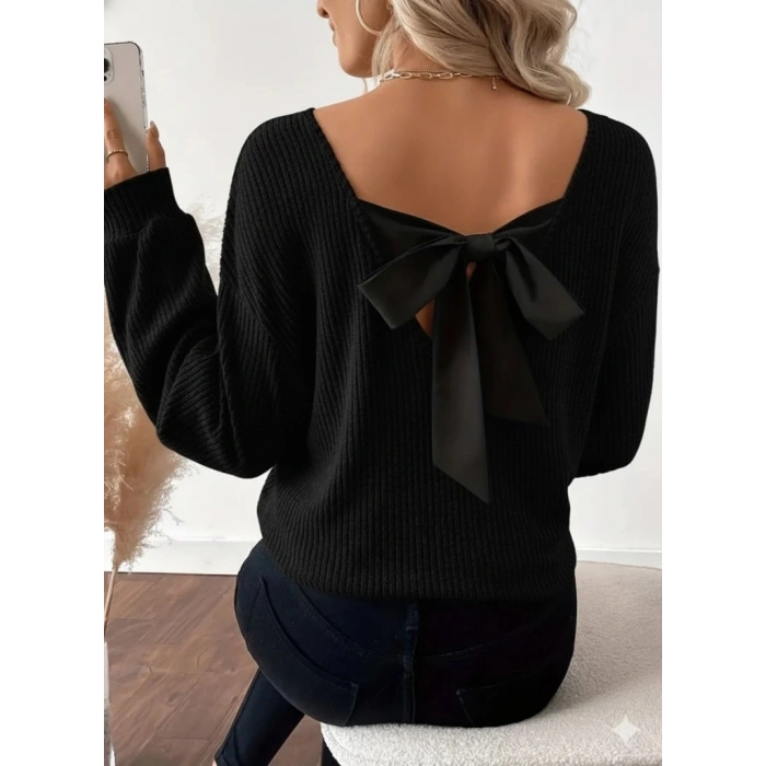 Kadın Uzun Kollu V Yakalı Arkadan Kurdela Detaylı şardonlu Kaşkorse Bluz