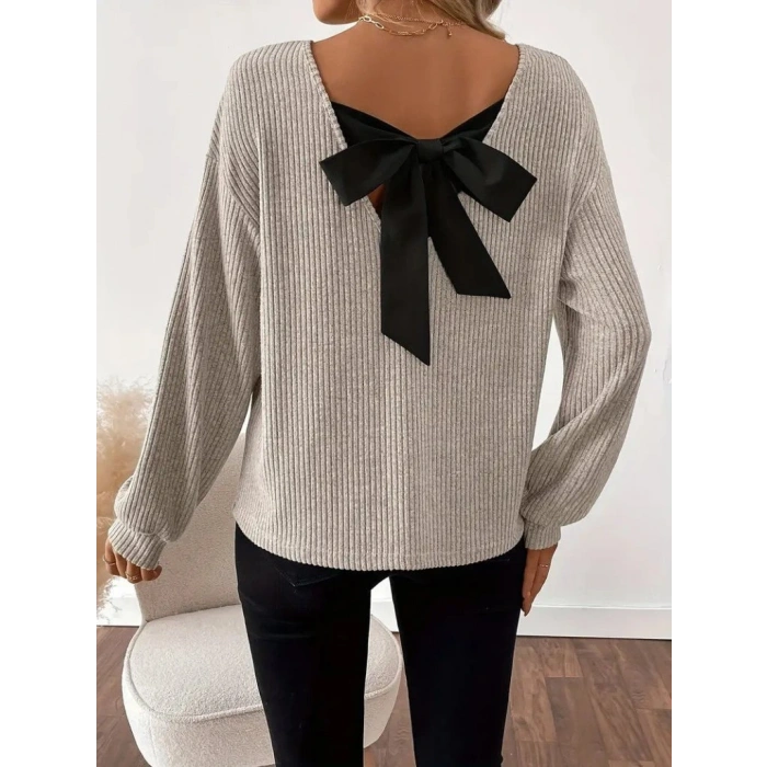 Kadın Uzun Kollu V Yakalı Arkadan Kurdela Detaylı şardonlu Kaşkorse Bluz
