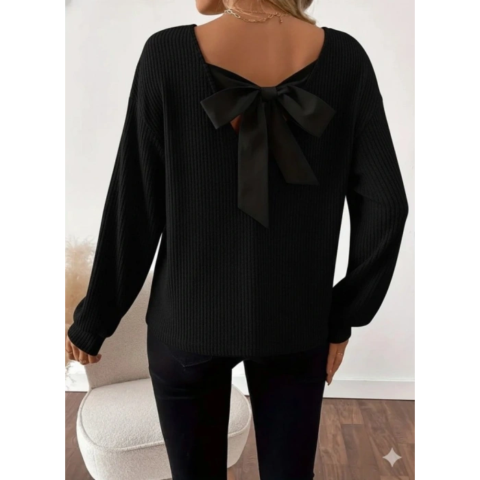 Kadın Uzun Kollu V Yakalı Arkadan Kurdela Detaylı şardonlu Kaşkorse Bluz