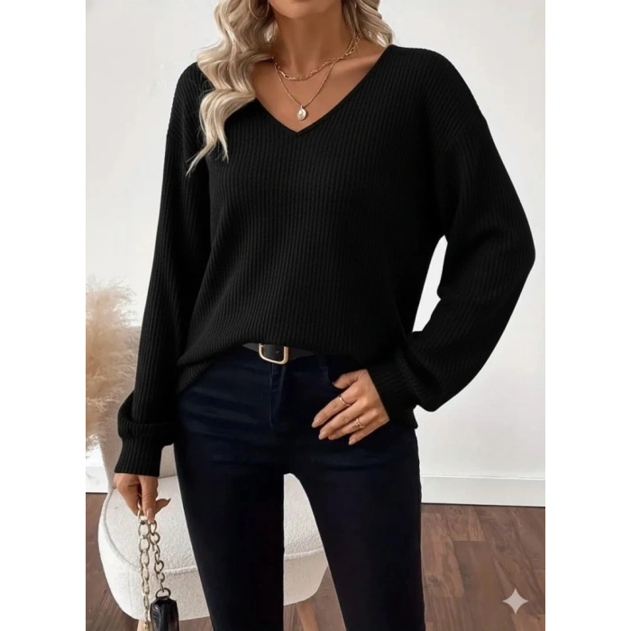 Kadın Uzun Kollu V Yakalı Arkadan Kurdela Detaylı şardonlu Kaşkorse Bluz