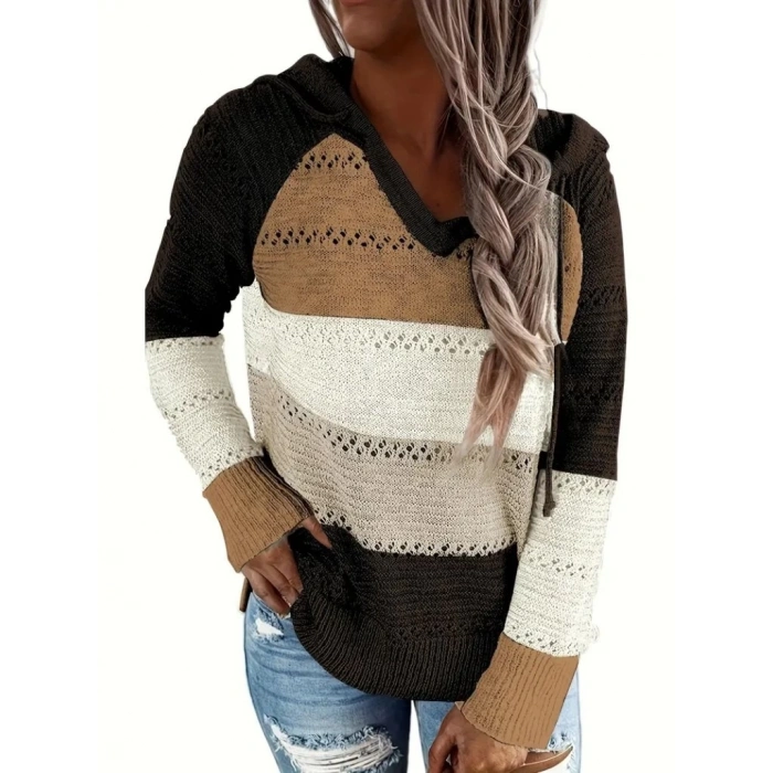 Kadın Uzun Kollu V Yakalı Bağcıklı Kapşonlu Triko Bluz