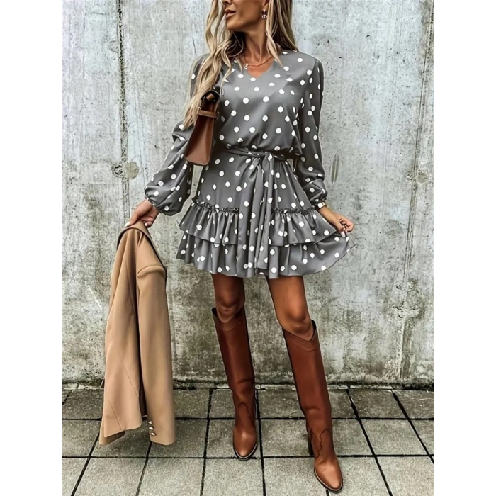 Kadın Uzun Kollu V Yakalı Belden Kuşaklı Puantiyeli Mini Modal Elbise