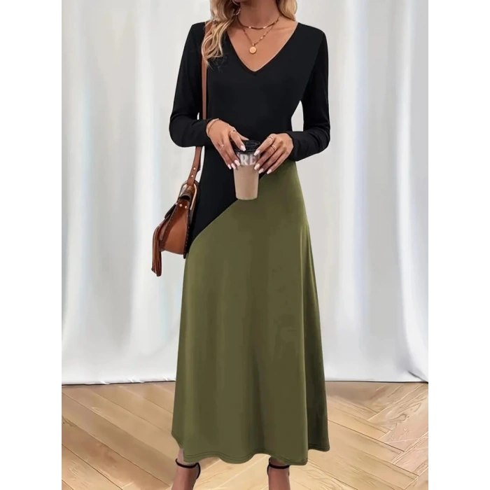 Kadın Uzun Kollu V Yakalı Blok Desenli Viskon Elbise