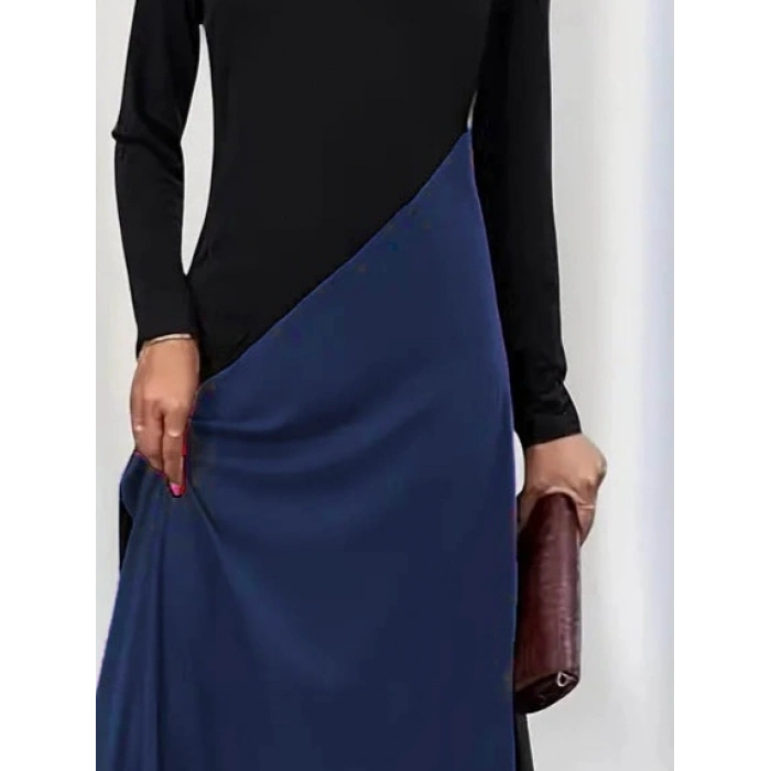 Kadın Uzun Kollu V Yakalı Blok Desenli Viskon Elbise