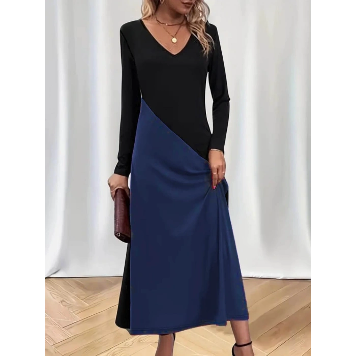 Kadın Uzun Kollu V Yakalı Blok Desenli Viskon Elbise