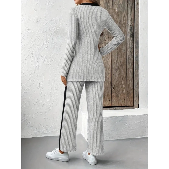 Kadın Uzun Kollu V Yakalı çapraz Detaylı şardonlu Kaşkorse Bluz Ve Pantolon Ikili Takım