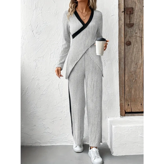 Kadın Uzun Kollu V Yakalı çapraz Detaylı şardonlu Kaşkorse Bluz Ve Pantolon Ikili Takım