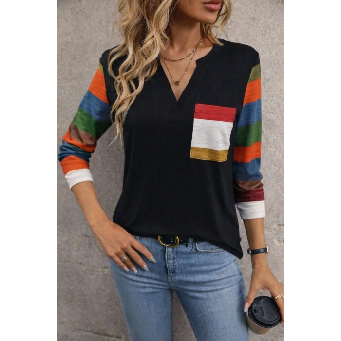 Kadın Uzun Kollu V Yakalı Cepli çok Renkli Viskon Bluz