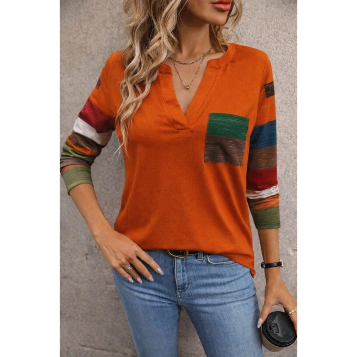 Kadın Uzun Kollu V Yakalı Cepli çok Renkli Viskon Bluz