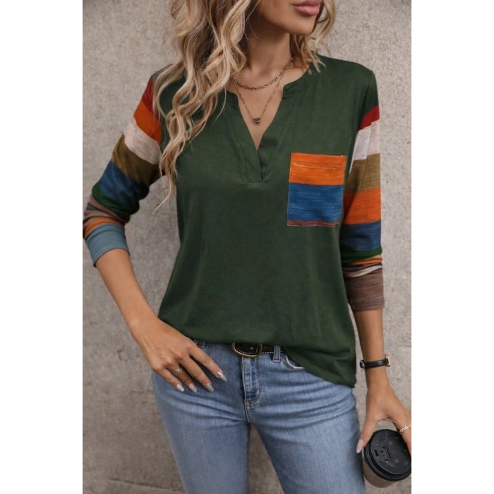 Kadın Uzun Kollu V Yakalı Cepli çok Renkli Viskon Bluz