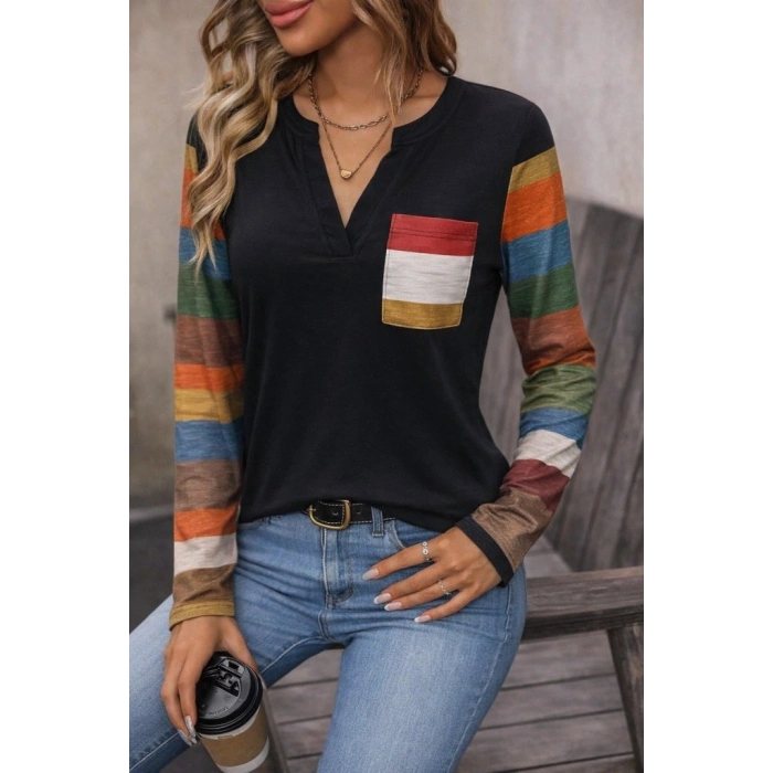 Kadın Uzun Kollu V Yakalı Cepli çok Renkli Viskon Bluz
