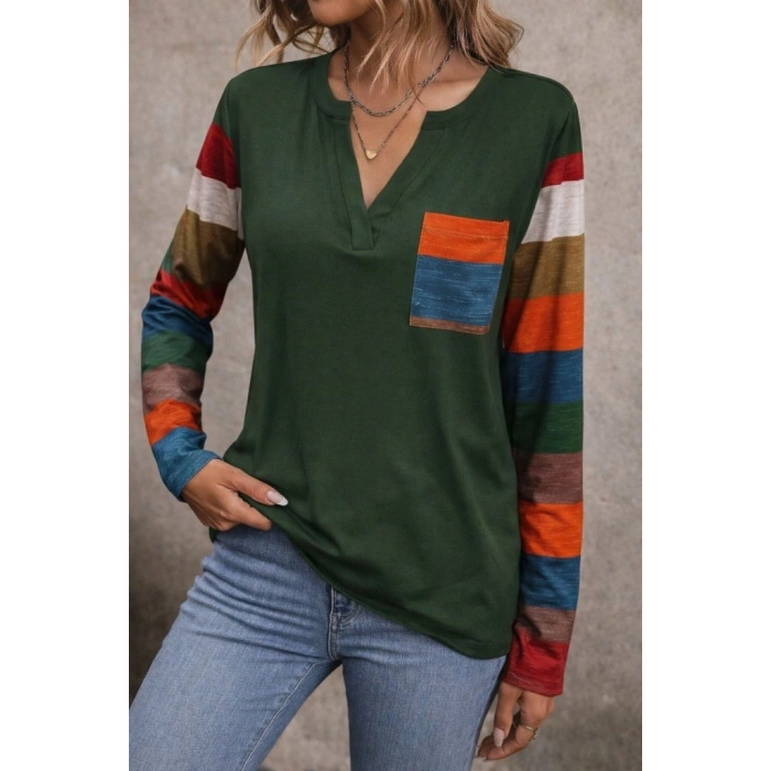 Kadın Uzun Kollu V Yakalı Cepli çok Renkli Viskon Bluz
