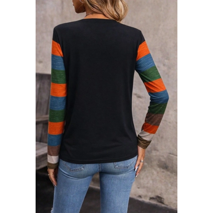 Kadın Uzun Kollu V Yakalı Cepli çok Renkli Viskon Bluz